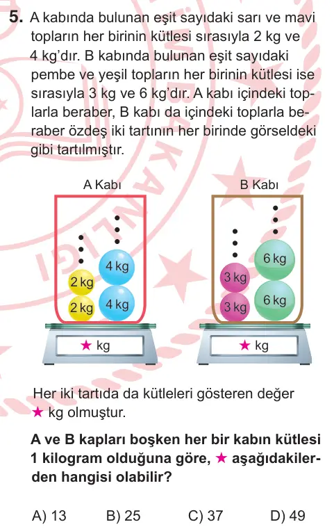 6. Sınıf Matematik 2025 İOKBS Bursluluk Sınavı 5. Soru görseli