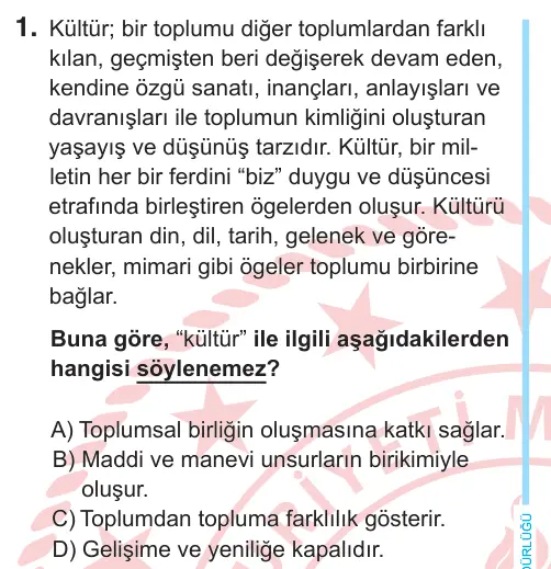 6. Sınıf Sosyal Bilgiler 2025 İOKBS Bursluluk Sınavı 1. Soru görseli