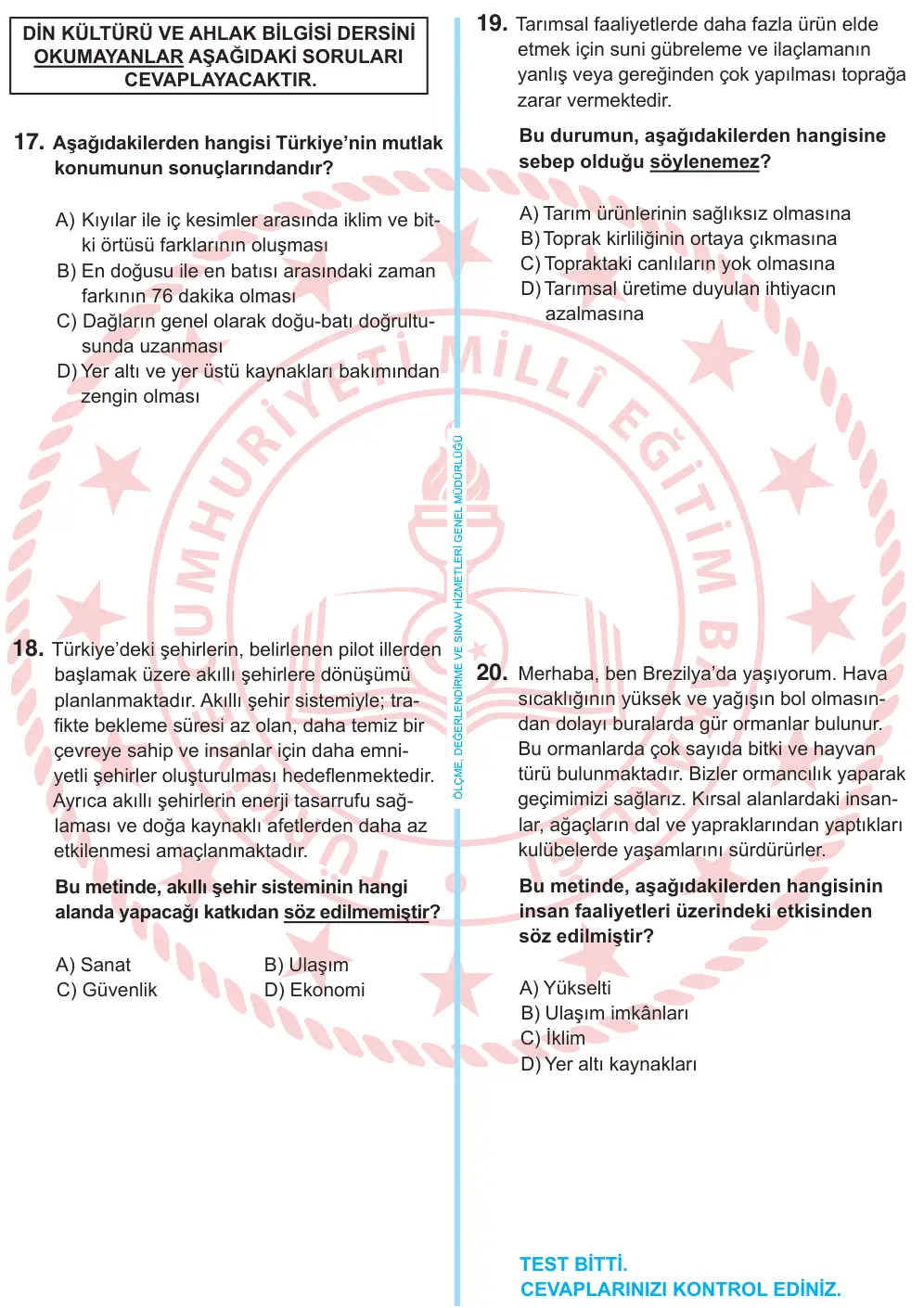 6. Sınıf Sosyal Bilgiler 2025 İOKBS Bursluluk Sınavı 20. Soru görseli (2/3)
