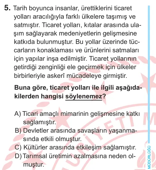 6. Sınıf Sosyal Bilgiler 2025 İOKBS Bursluluk Sınavı 5. Soru görseli