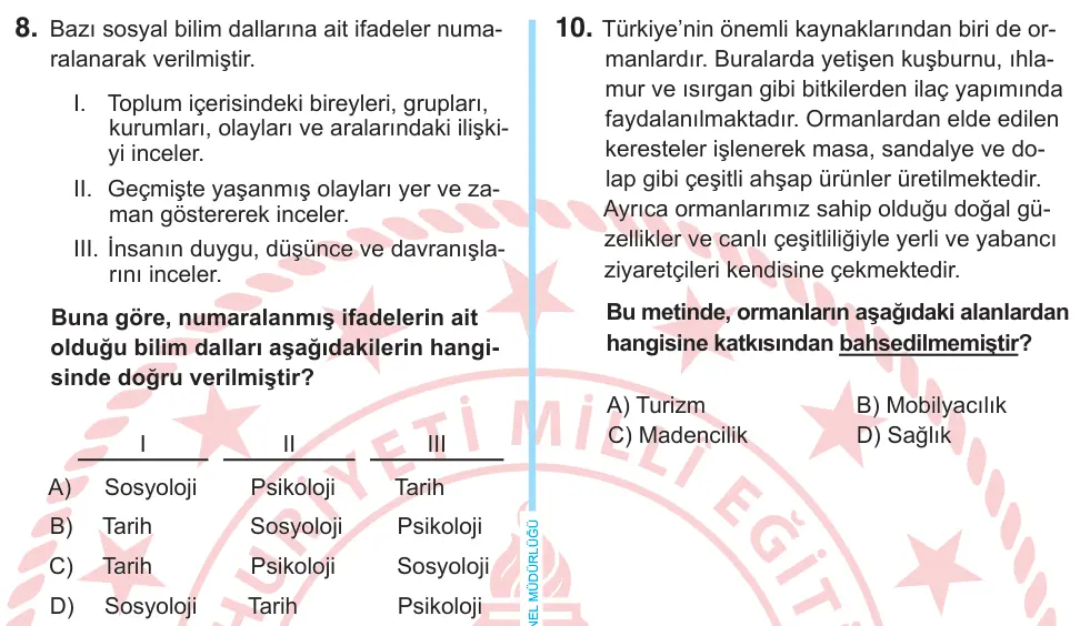 6. Sınıf Sosyal Bilgiler 2025 İOKBS Bursluluk Sınavı 8. Soru görseli