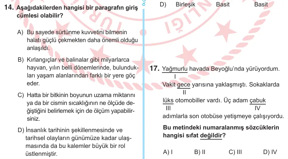 6. Sınıf Türkçe 2025 İOKBS Bursluluk Sınavı 14. Soru görseli