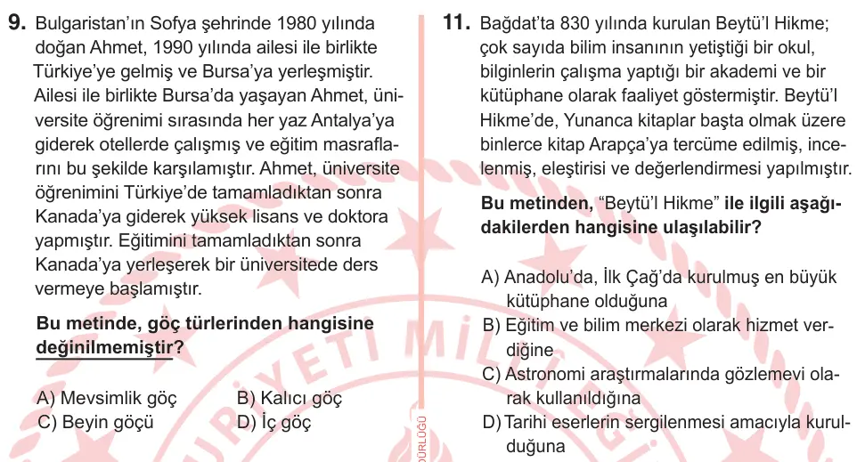 7. Sınıf Sosyal Bilgiler 2025 İOKBS Bursluluk Sınavı 11. Soru görseli