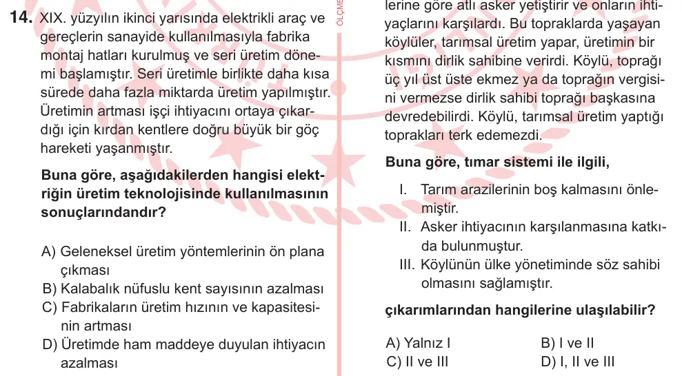 7. Sınıf Sosyal Bilgiler 2025 İOKBS Bursluluk Sınavı 14. Soru görseli