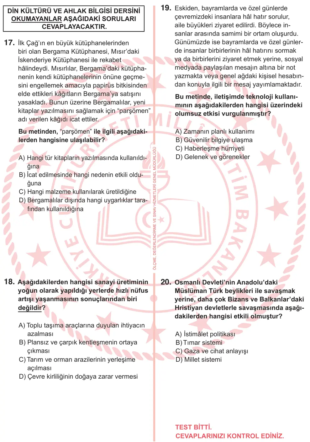 7. Sınıf Sosyal Bilgiler 2025 İOKBS Bursluluk Sınavı 20. Soru görseli (2/3)
