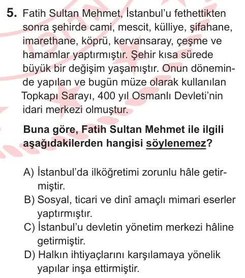 7. Sınıf Sosyal Bilgiler 2025 İOKBS Bursluluk Sınavı 5. Soru görseli
