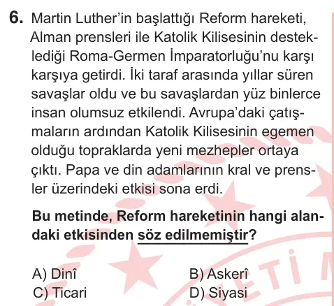 7. Sınıf Sosyal Bilgiler 2025 İOKBS Bursluluk Sınavı 6. Soru görseli