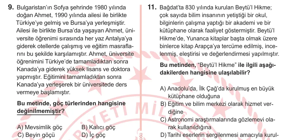 7. Sınıf Sosyal Bilgiler 2025 İOKBS Bursluluk Sınavı 9. Soru görseli