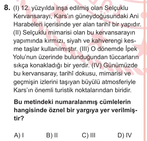 7. Sınıf Türkçe 2025 İOKBS Bursluluk Sınavı 8. Soru görseli