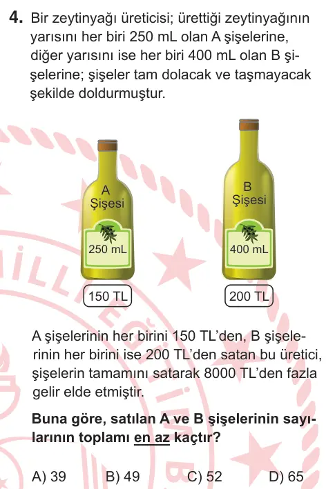 8. Sınıf ve Hazırlık Matematik 2025 İOKBS Bursluluk Sınavı 4. Soru görseli