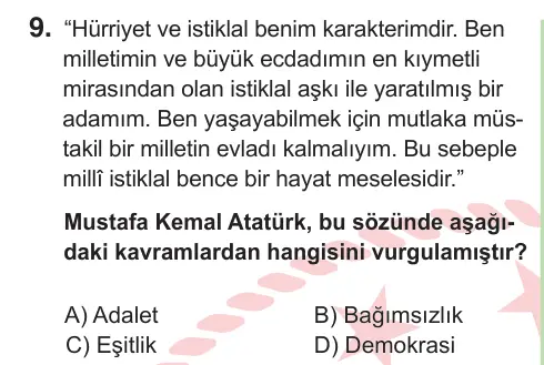 8. Sınıf ve Hazırlık Sosyal Bilgiler 2025 İOKBS Bursluluk Sınavı 9. Soru görseli
