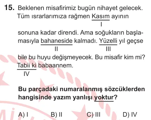 8. Sınıf ve Hazırlık Türkçe 2025 İOKBS Bursluluk Sınavı 15. Soru görseli