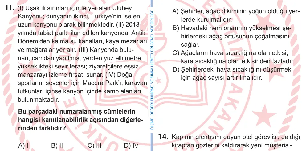 9. Sınıf Türk Dili ve Edebiyatı 2025 İOKBS Bursluluk Sınavı 11. Soru görseli