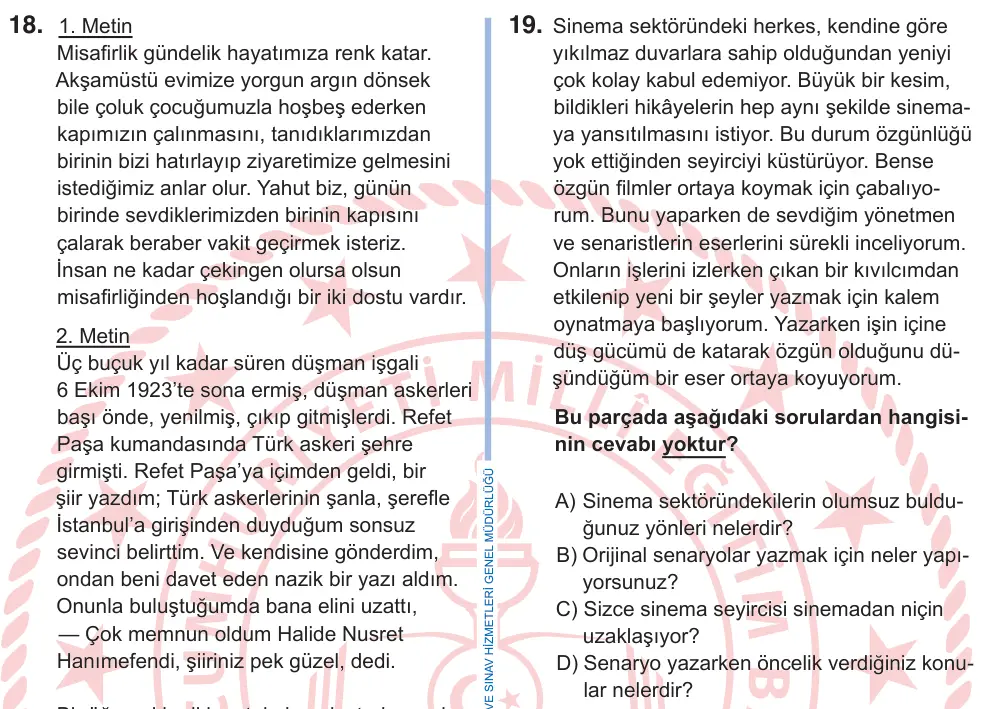 9. Sınıf Türk Dili ve Edebiyatı 2025 İOKBS Bursluluk Sınavı 19. Soru görseli