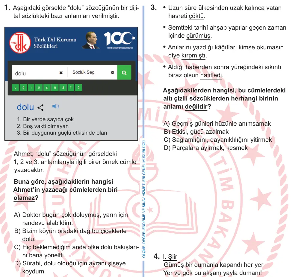 9. Sınıf Türk Dili ve Edebiyatı 2025 İOKBS Bursluluk Sınavı 1. Soru görseli