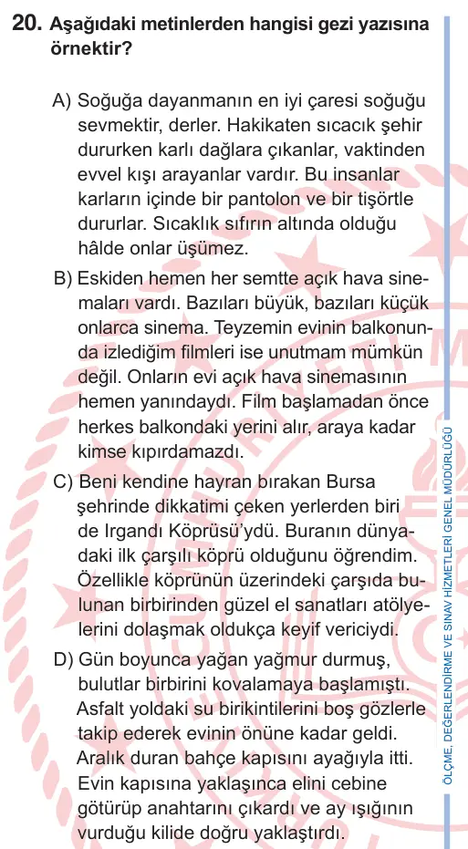 9. Sınıf Türk Dili ve Edebiyatı 2025 İOKBS Bursluluk Sınavı 20. Soru görseli (1/2)