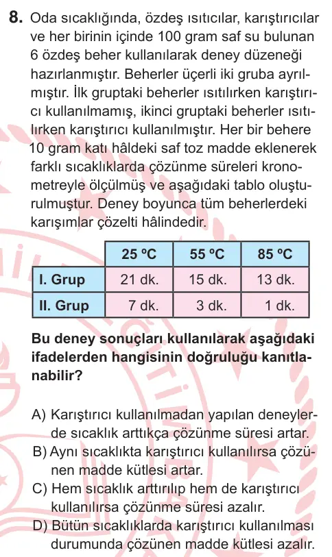 9. Sınıf Fen Bilimleri 2025 İOKBS Bursluluk Sınavı 8. Soru görseli
