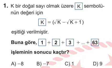 9. Sınıf Matematik 2025 İOKBS Bursluluk Sınavı 1. Soru görseli