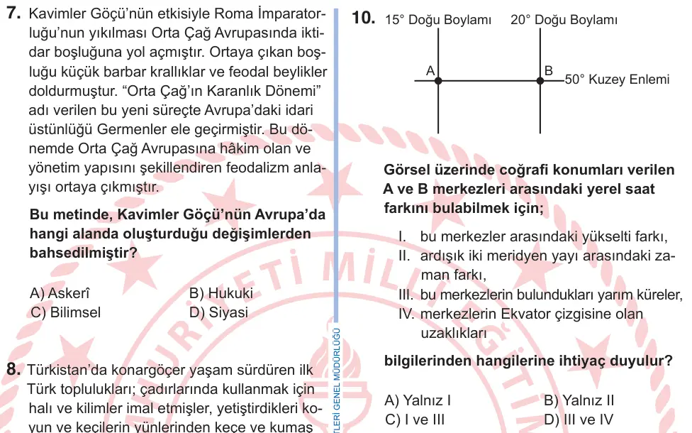 9. Sınıf Sosyal Bilgiler 2025 İOKBS Bursluluk Sınavı 10. Soru görseli