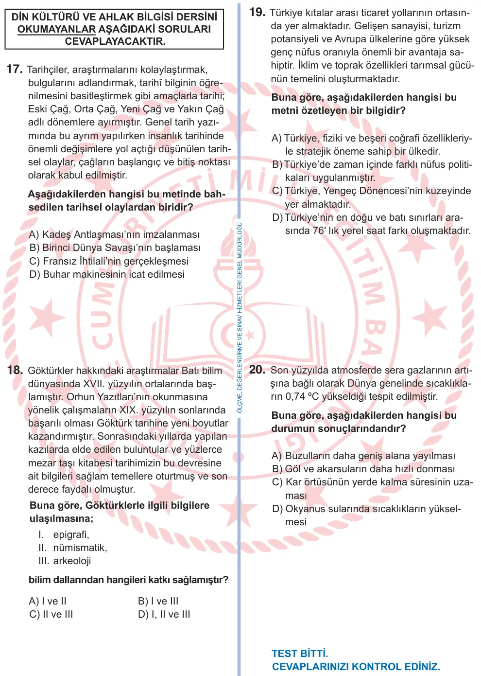 9. Sınıf Sosyal Bilgiler 2025 İOKBS Bursluluk Sınavı 20. Soru görseli (2/3)