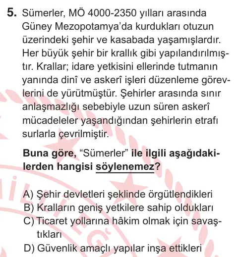 9. Sınıf Sosyal Bilgiler 2025 İOKBS Bursluluk Sınavı 5. Soru görseli