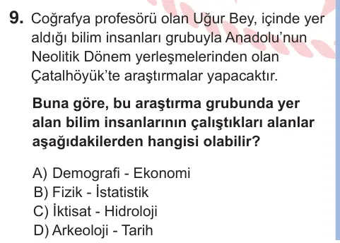 9. Sınıf Sosyal Bilgiler 2025 İOKBS Bursluluk Sınavı 9. Soru görseli