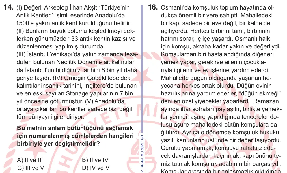 11. Sınıf Türk Dili ve Edebiyatı 2026 İOKBS Bursluluk Sınavı 14. Soru görseli