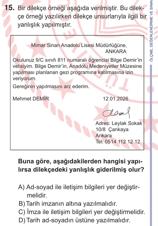 11. Sınıf Türk Dili ve Edebiyatı 2026 İOKBS Bursluluk Sınavı 15. Soru görseli