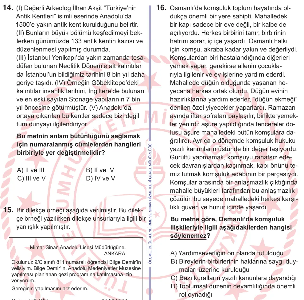 11. Sınıf Türk Dili ve Edebiyatı 2026 İOKBS Bursluluk Sınavı 16. Soru görseli