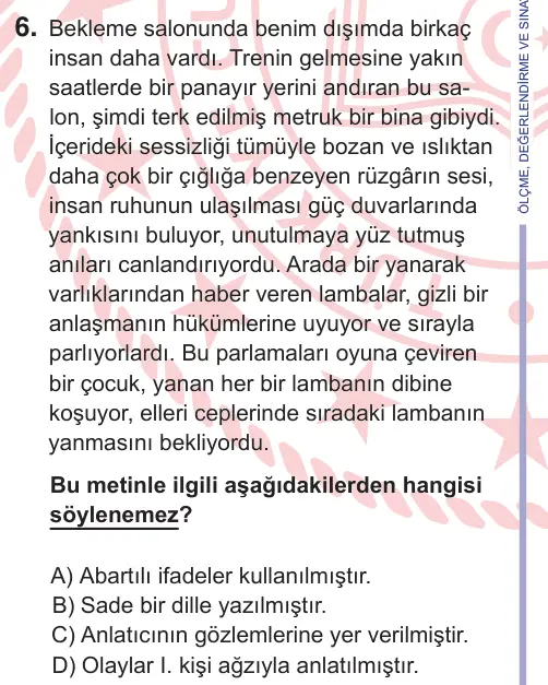 11. Sınıf Türk Dili ve Edebiyatı 2026 İOKBS Bursluluk Sınavı 6. Soru görseli