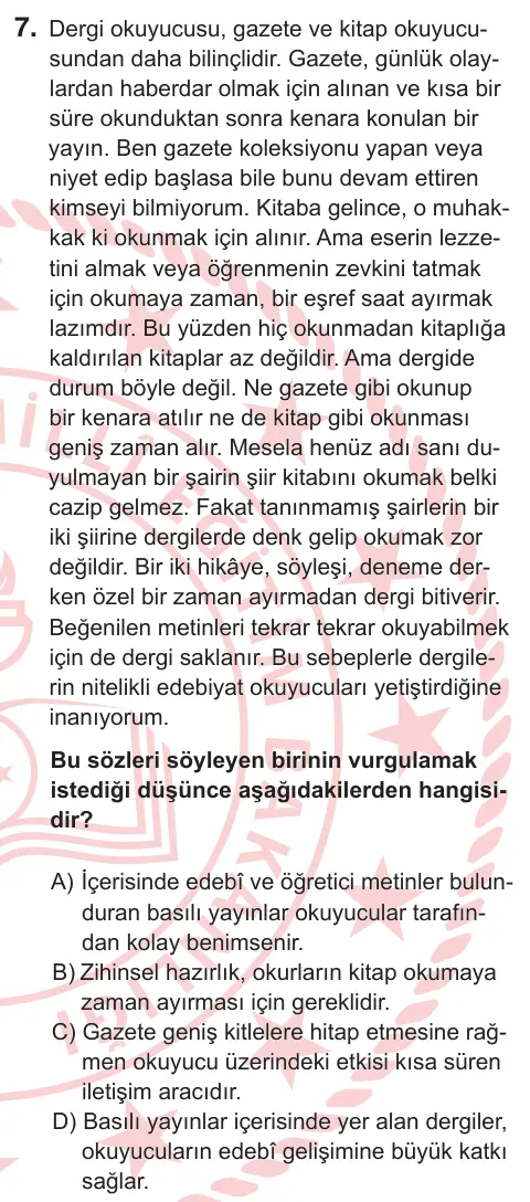 11. Sınıf Türk Dili ve Edebiyatı 2026 İOKBS Bursluluk Sınavı 7. Soru görseli