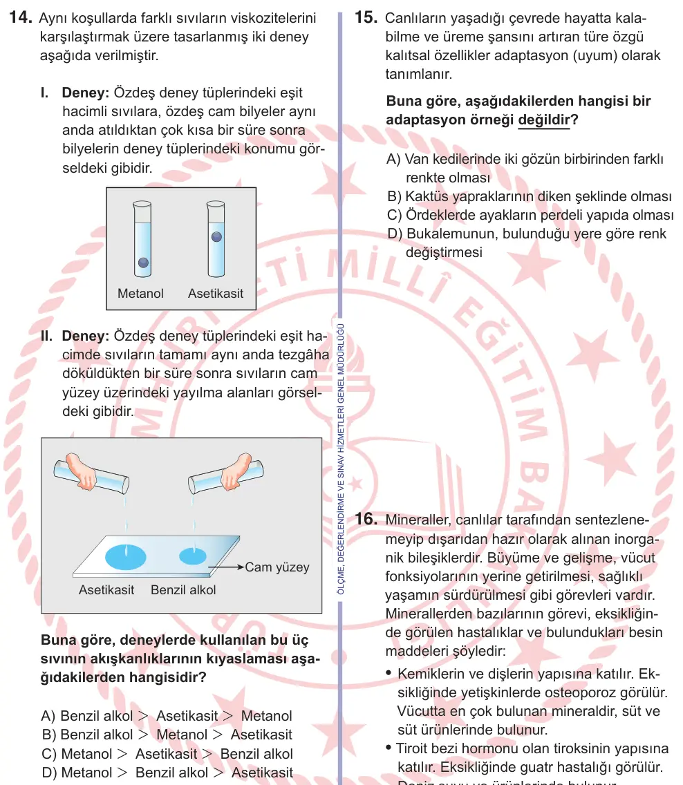 11. Sınıf Fen Bilimleri 2026 İOKBS Bursluluk Sınavı 14. Soru görseli
