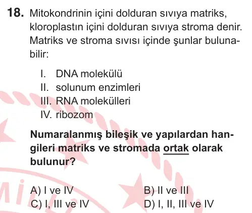 11. Sınıf Fen Bilimleri 2026 İOKBS Bursluluk Sınavı 18. Soru görseli