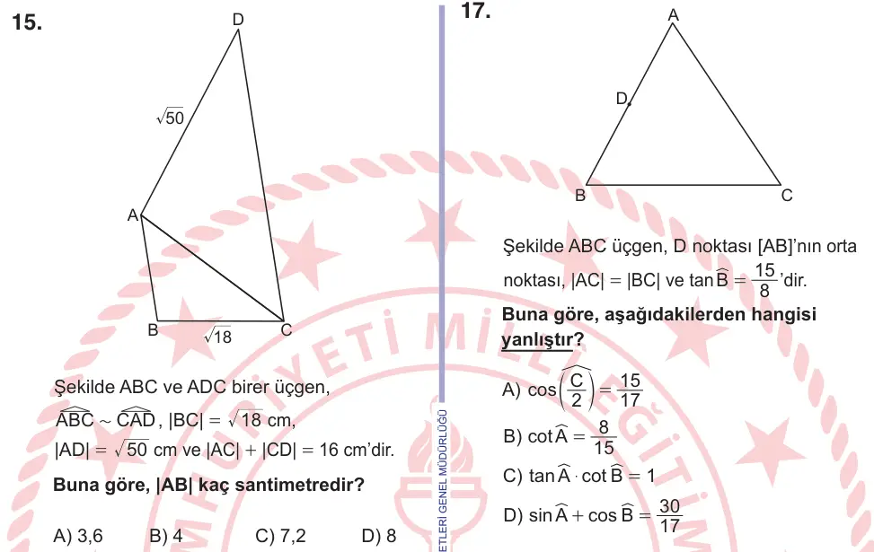 11. Sınıf Matematik 2026 İOKBS Bursluluk Sınavı 15. Soru görseli