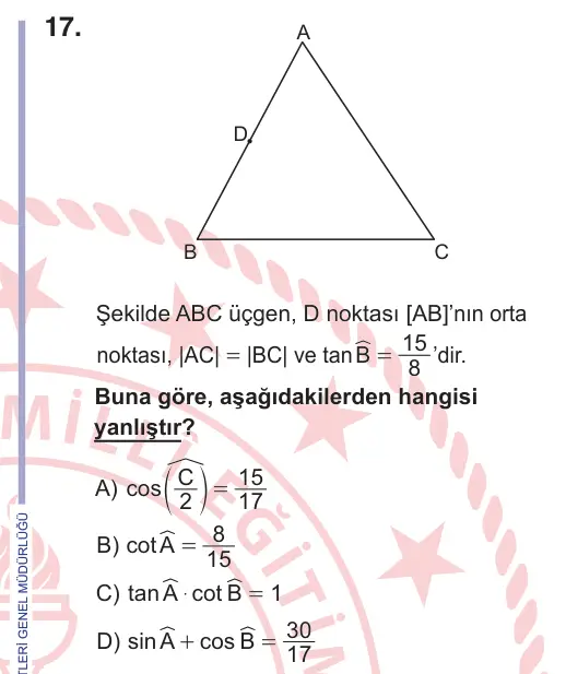 11. Sınıf Matematik 2026 İOKBS Bursluluk Sınavı 17. Soru görseli