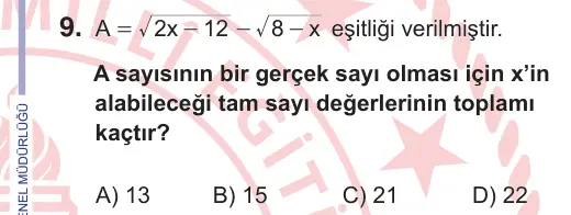 11. Sınıf Matematik 2026 İOKBS Bursluluk Sınavı 9. Soru görseli