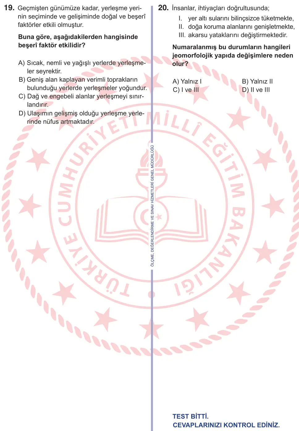 11. Sınıf Sosyal Bilgiler 2026 İOKBS Bursluluk Sınavı 20. Soru görseli (3/4)