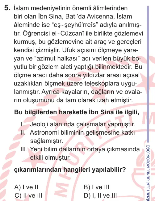 11. Sınıf Sosyal Bilgiler 2026 İOKBS Bursluluk Sınavı 5. Soru görseli