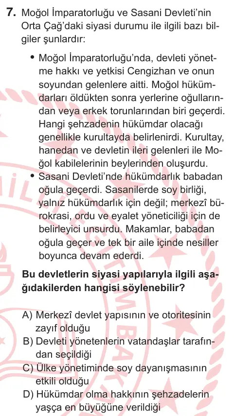 11. Sınıf Sosyal Bilgiler 2026 İOKBS Bursluluk Sınavı 7. Soru görseli