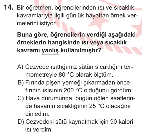 5. Sınıf Fen Bilimleri 2026 İOKBS Bursluluk Sınavı 14. Soru görseli