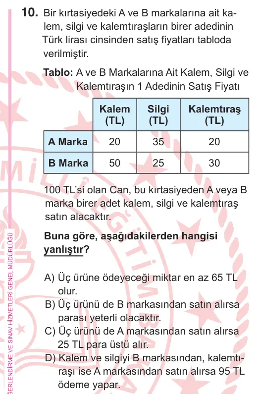 5. Sınıf Matematik 2026 İOKBS Bursluluk Sınavı 10. Soru görseli