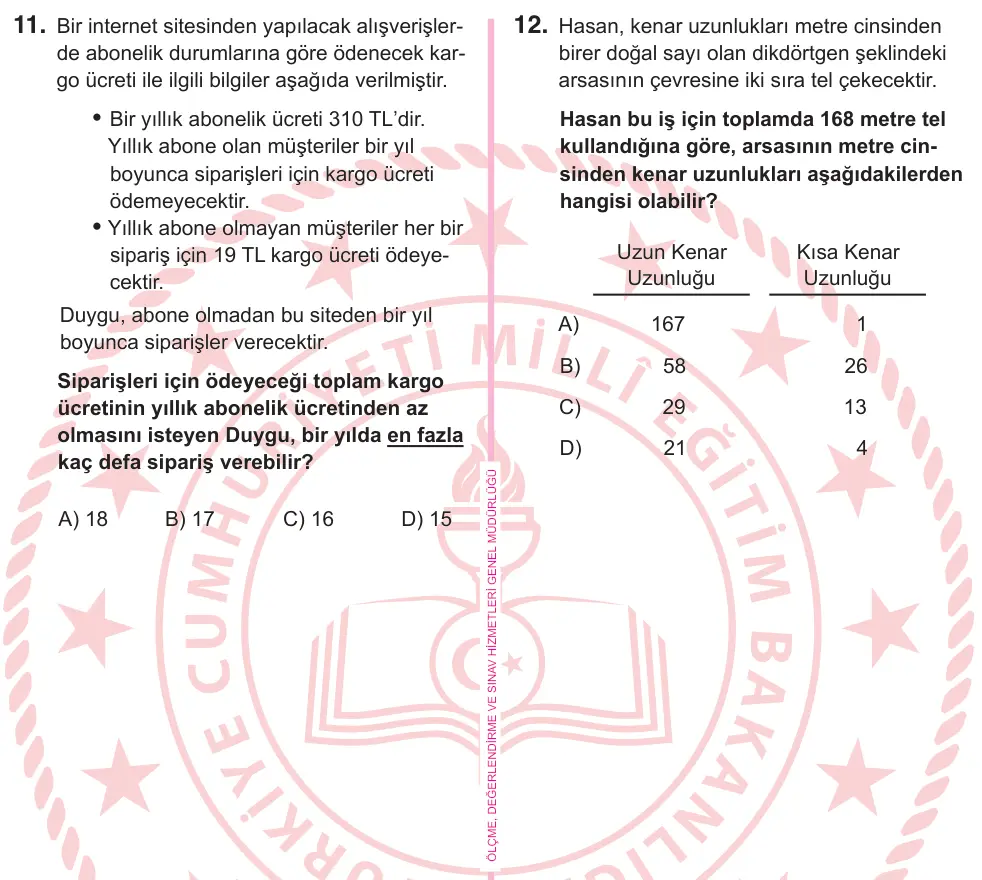 5. Sınıf Matematik 2026 İOKBS Bursluluk Sınavı 11. Soru görseli