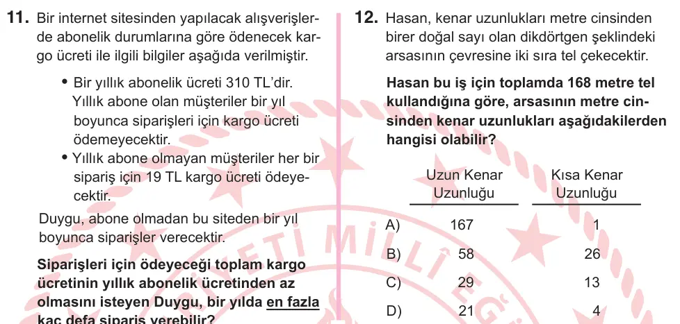 5. Sınıf Matematik 2026 İOKBS Bursluluk Sınavı 12. Soru görseli