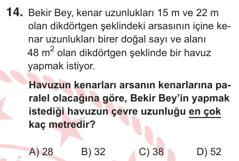 5. Sınıf Matematik 2026 İOKBS Bursluluk Sınavı 14. Soru görseli