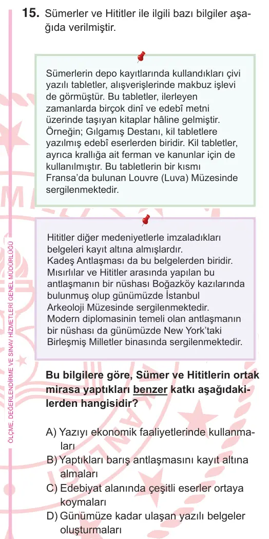 5. Sınıf Sosyal Bilgiler 2026 İOKBS Bursluluk Sınavı 15. Soru görseli