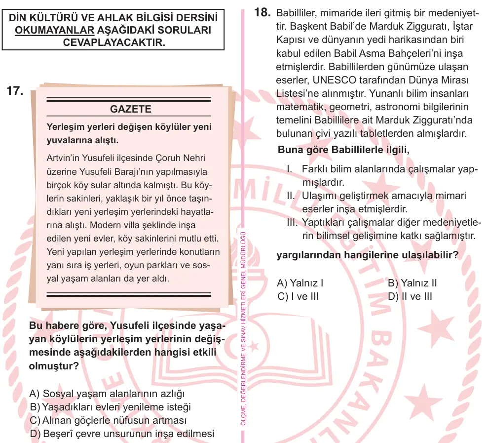 5. Sınıf Sosyal Bilgiler 2026 İOKBS Bursluluk Sınavı 20. Soru görseli (2/4)