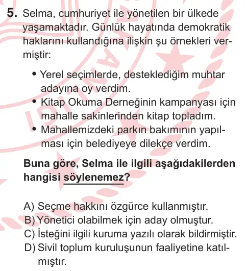 5. Sınıf Sosyal Bilgiler 2026 İOKBS Bursluluk Sınavı 5. Soru görseli