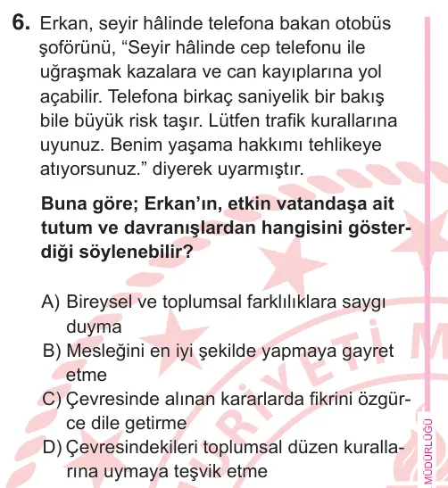 5. Sınıf Sosyal Bilgiler 2026 İOKBS Bursluluk Sınavı 6. Soru görseli