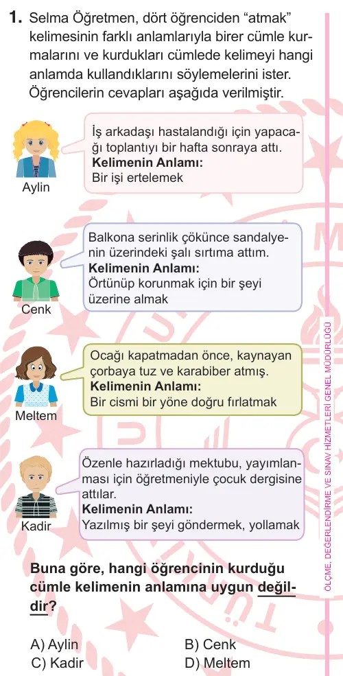 5. Sınıf Türkçe 2026 İOKBS Bursluluk Sınavı 1. Soru görseli
