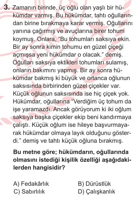 5. Sınıf Türkçe 2026 İOKBS Bursluluk Sınavı 3. Soru görseli